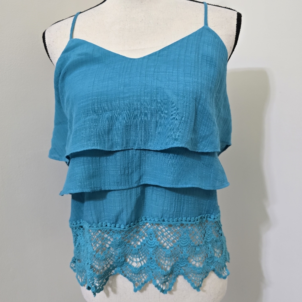 TAKARA size Large Tiered Lace Trim Tank Spaghetti Straps Torquoise